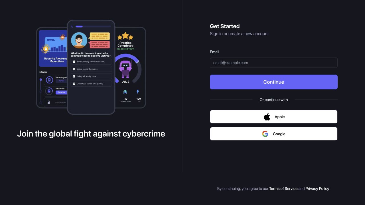 Prventi Get Started screen with an Email field, Continue button, and Apple and Google sign-in options.